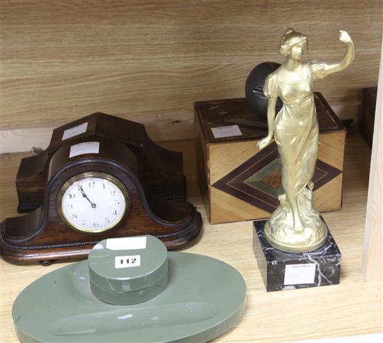 A Deco ink stand, two mantel clocks, a spelter figure, etc.